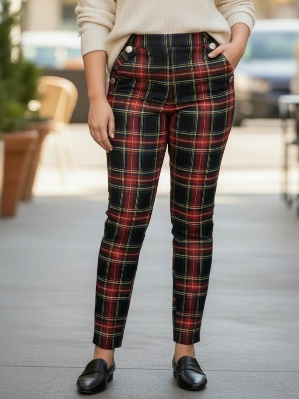 Cato Women Red Black Green Tartan Plaid Skinny Pants
